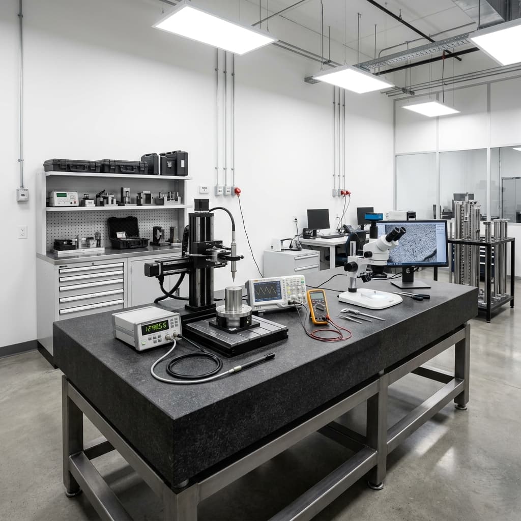Quality control laboratory with gaussmeter and dimensional inspection equipment
