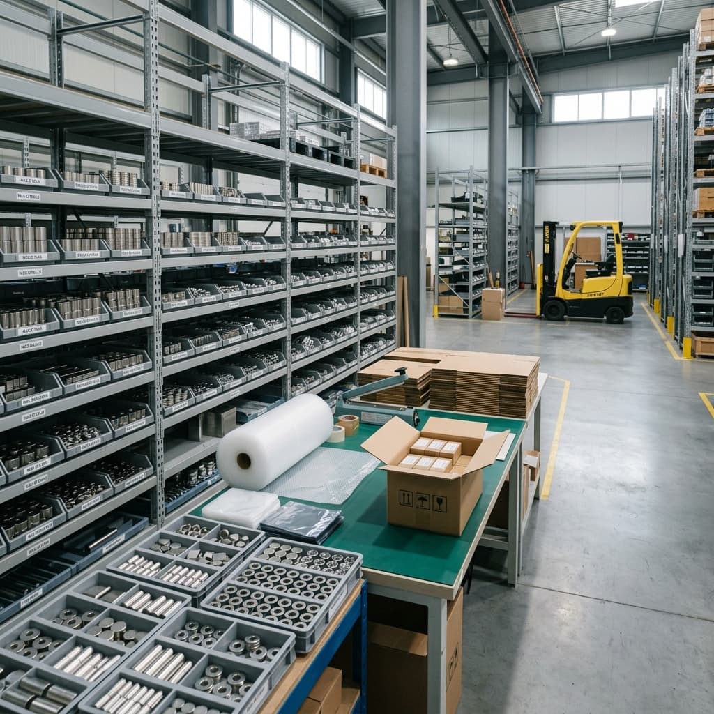 Finished magnet warehouse with export packaging station